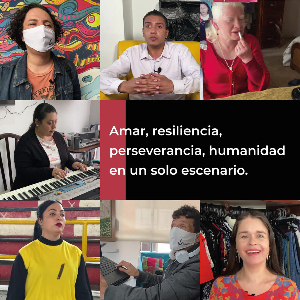 Collage de fotografías del equipo Café a Ciegas, con un texto que dice "Amor, resiliencia, perseverancia y humanidad en un solo escenario."